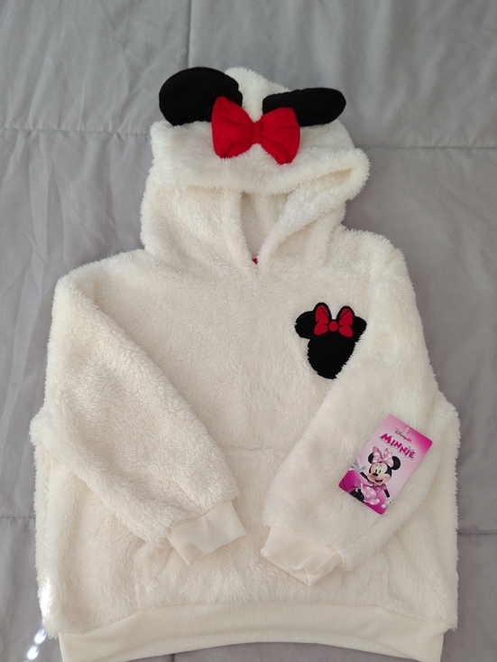 Disney Other - Disney Cream Hooded Minnie Mouse Fleece Top with Red Bow